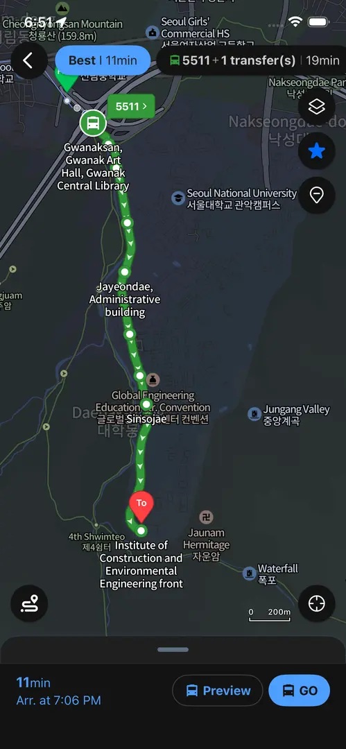 Map directions from Gwanaksan Station to hiking trail entrance