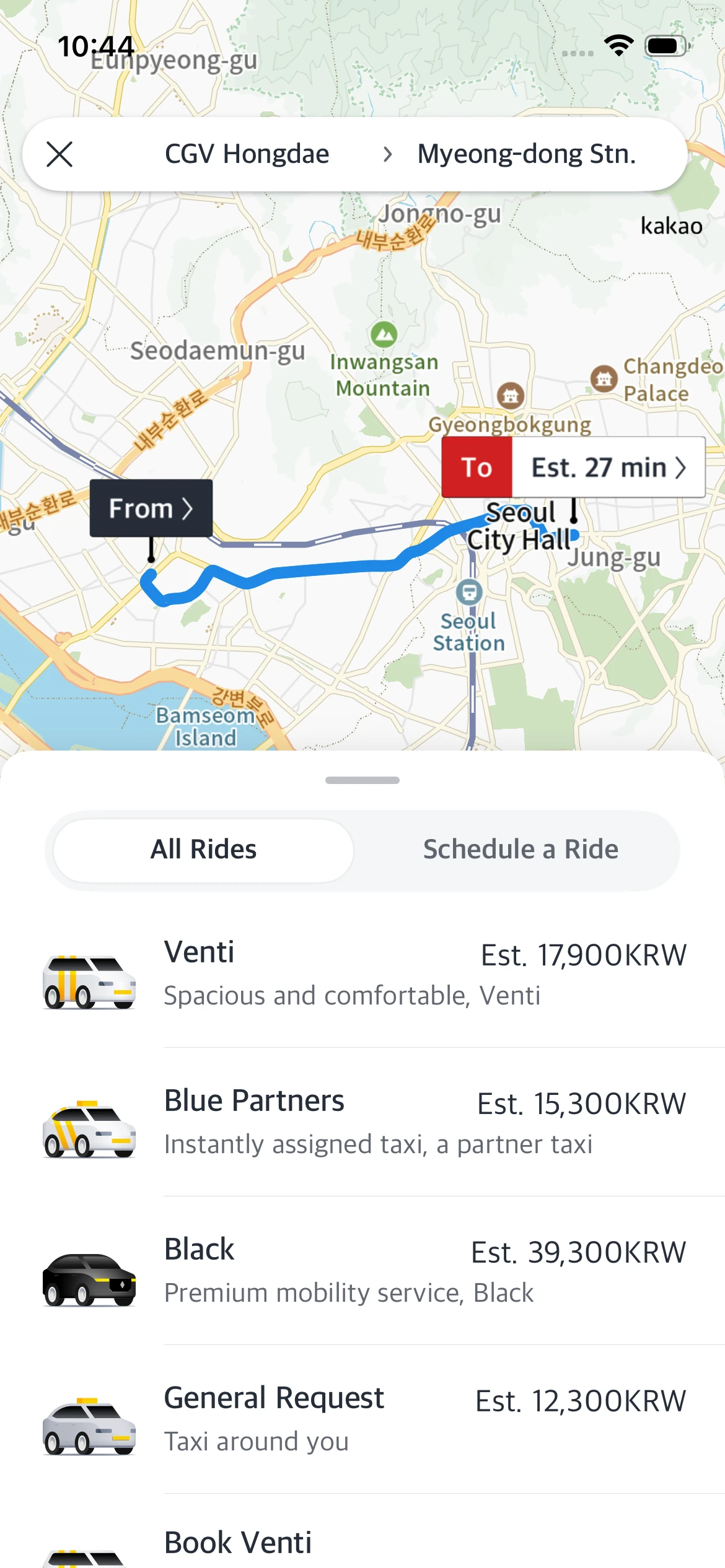 Kakao Map ride-sharing showing taxi route options from Hongdae to Myeong-dong Seoul with estimated travel time