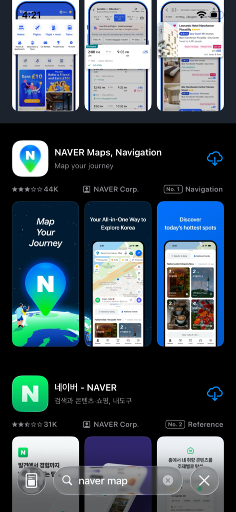 Screenshots of NAVER Maps and NAVER app interfaces showing navigation features, location search, and tourist attractions for travelers in Korea.