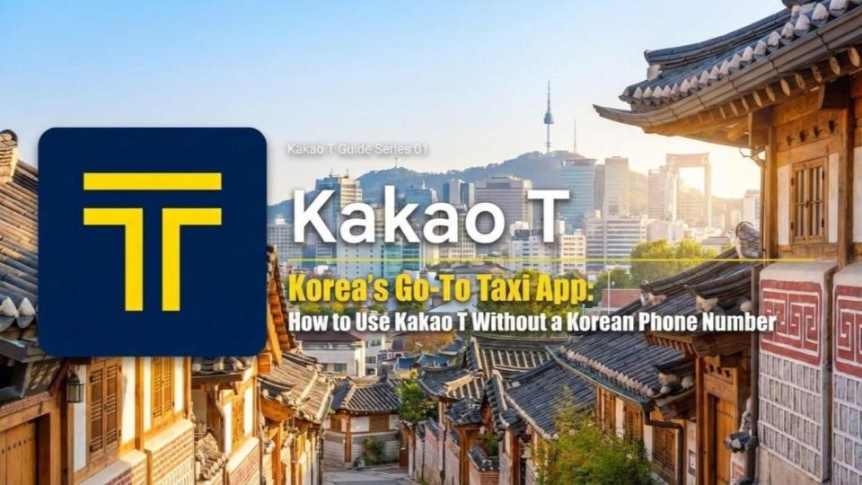 Kakao T Guide Series 01 thumbnail showing how to use Kakao T taxi app in Korea without a Korean phone number with Bukchon Hanok Village and N Seoul Tower in background