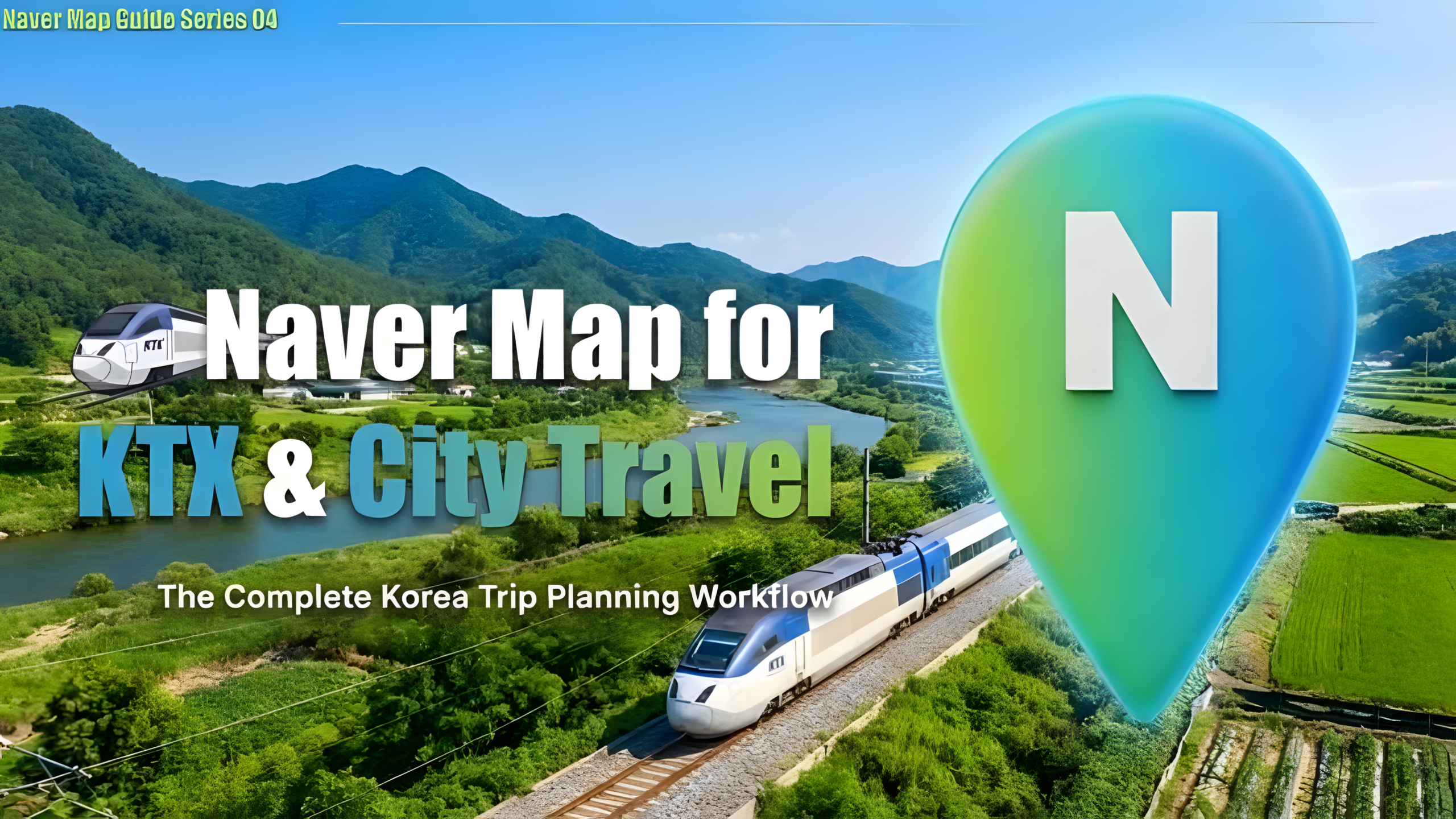 Naver Map Guide Series 04 thumbnail for KTX and city travel planning in Korea with Naver pin icon and KTX train in countryside scenery
