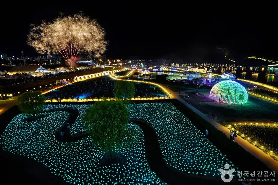 Baekje Cultural Festival nighttime illumination display with glowing lights