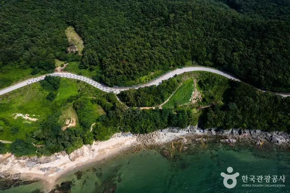 Aerial view of winding coastal road through forested peninsula with beach