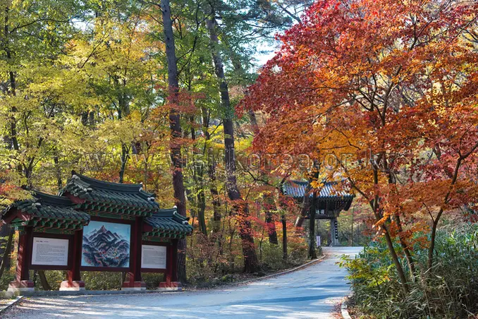 Traditional Korean gate entrance to Chiaksan National Park surrounded by autumn foliage
