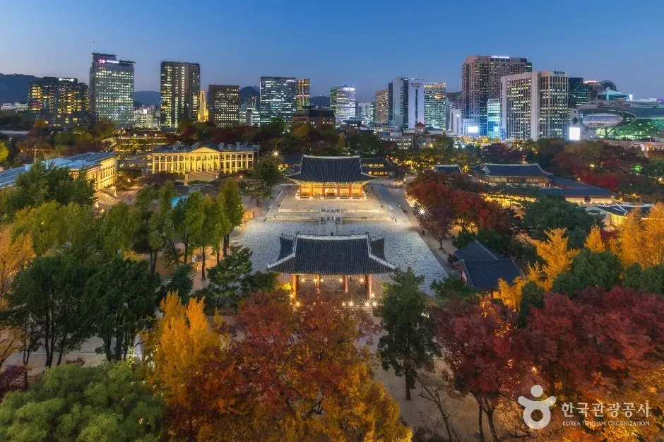Deoksugung Palace illuminated at night with Seoul skyline and autumn trees