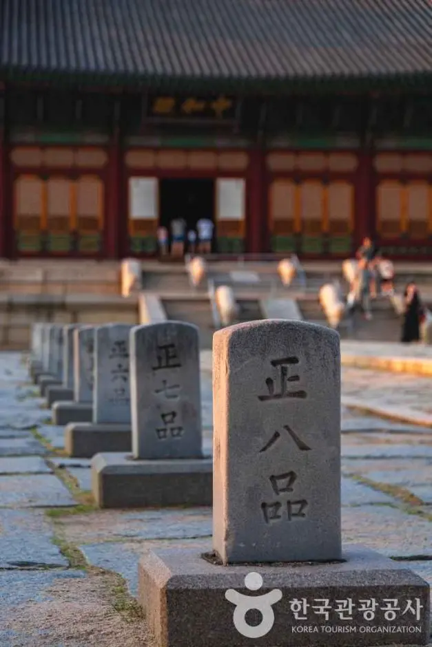 Stone markers with Korean characters at Deoksugung Palace courtyard