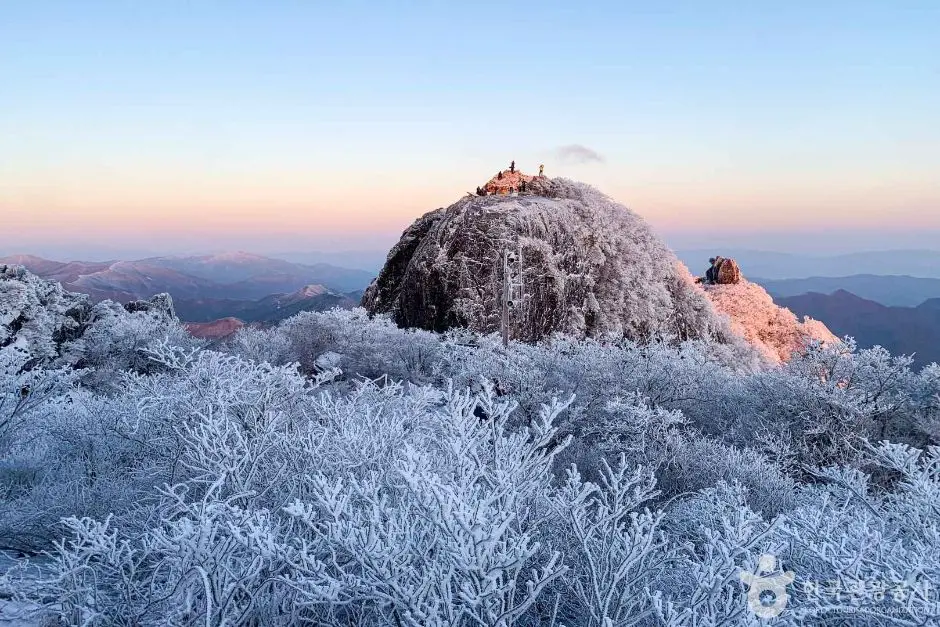 Frost-covered trees and Sangwangbong Peak at sunrise in winter Gayasan National Park