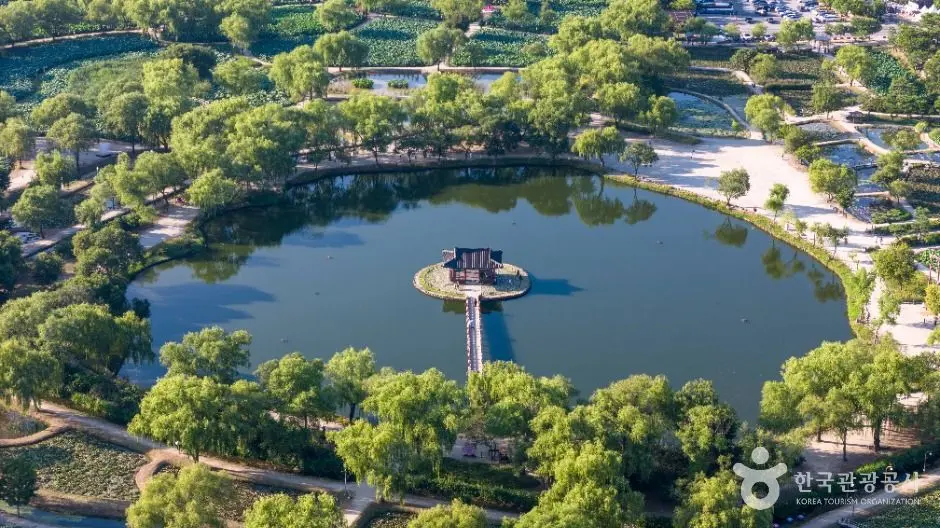 Aerial view of Gungnamji pond with central pavilion surrounded by green trees