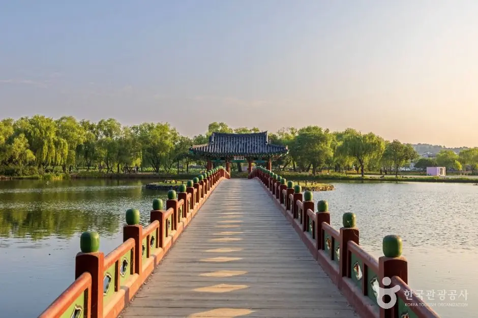 Wooden bridge walkway at Gungnamji pond in Buyeo, ancient Korean capital