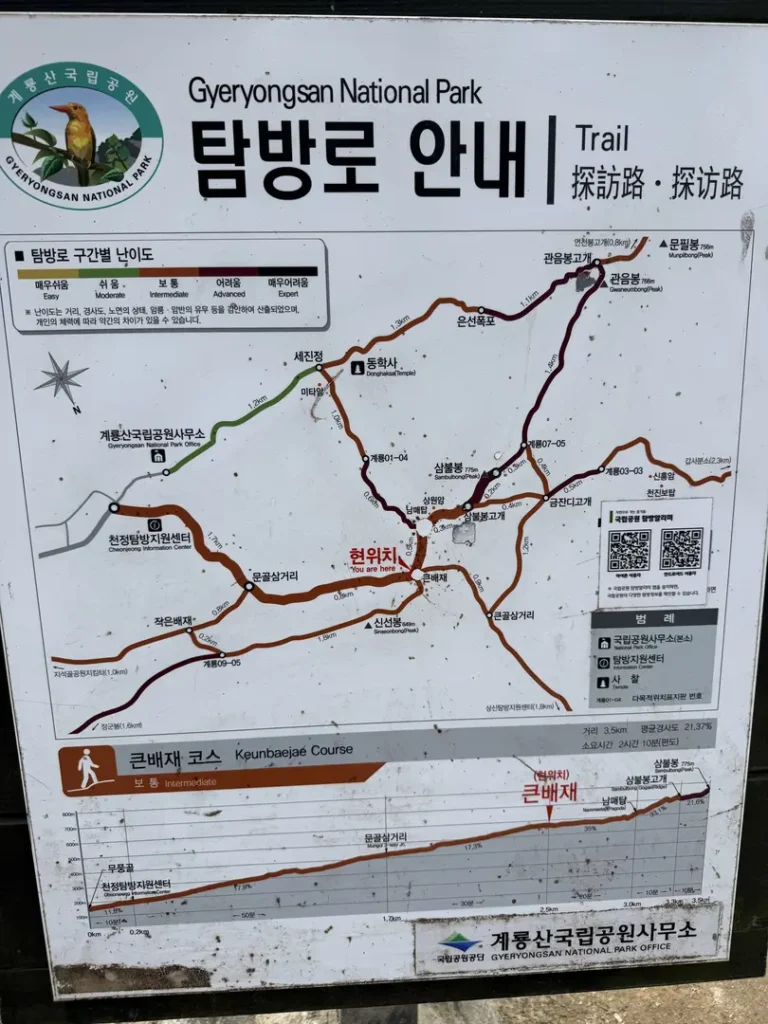 Gyeryongsan National Park trail map showing hiking routes and difficulty levels