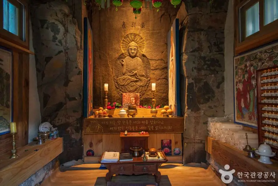 Sacred Buddhist shrine altar at Gyubongam temple on Mudeungsan trail