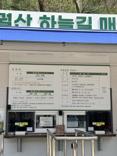 Korean hiking trail information board with facilities and fee details