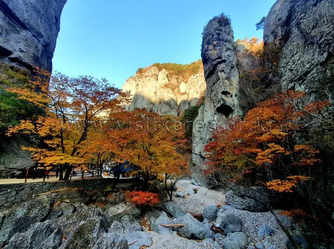 Juwangsan National Park autumn maple leaves and dramatic rock formations