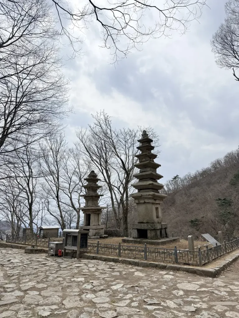 Two traditional stone pagodas at Nammae Pagoda on Gyeryongsan Mountain