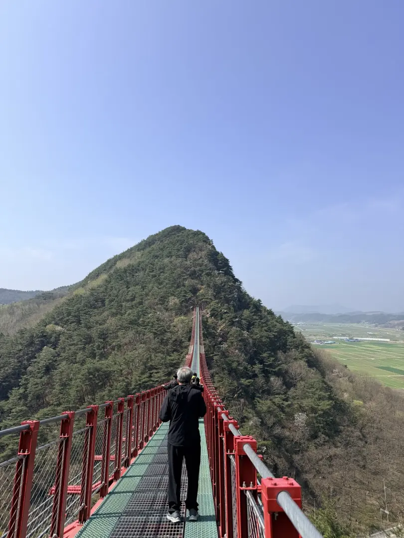 Hiker crossing red suspension bridge over forested mountain ridge
