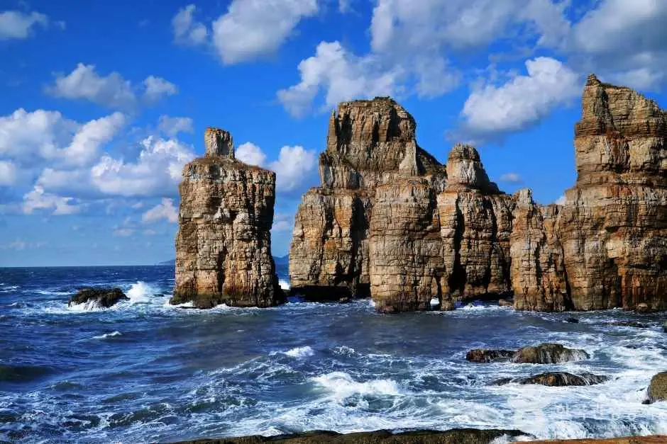 Dumu Jin rock formations rising from ocean waves on Baengnyeongdo Island