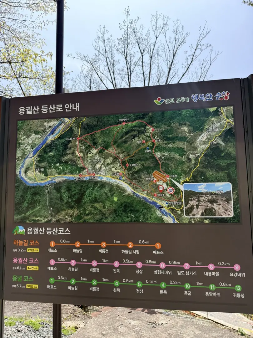 Yonggwolsan hiking trail map sign showing distance markers and routes