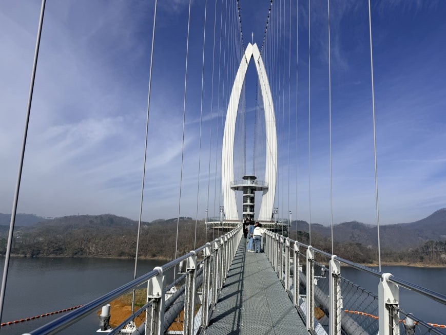 Suspension bridge walkway with steel grating underfoot leading toward a tall white arch tower at center, cable wires along both sides, lake water visible below