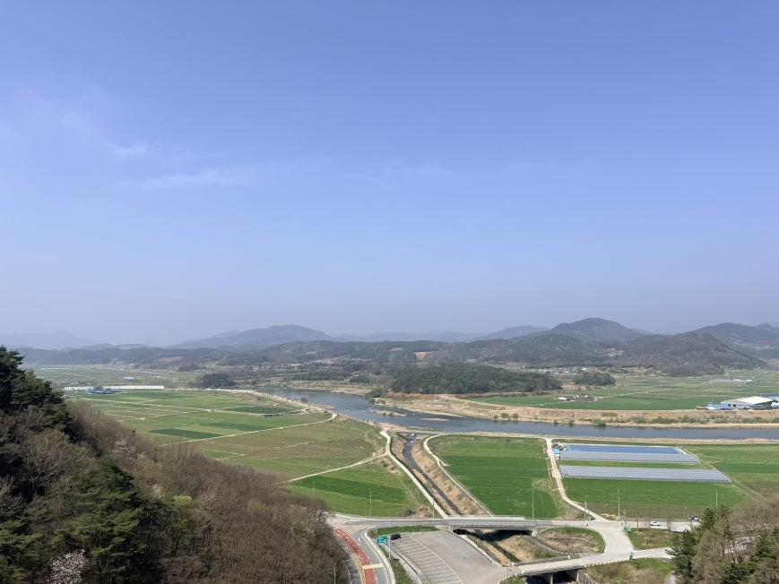 Panoramic view from the midpoint of Chaegyesan Suspension Bridge looking down over a wide rural valley with bright green rice paddies, a winding river, road bridges, and low mountain ranges under hazy blue sky