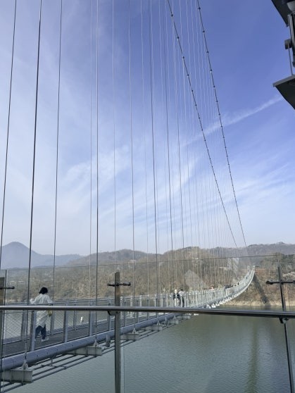 Looking back along the suspension bridge walkway and cable lines from the midpoint observation tower, a few visitors on the bridge below, mountains in the background