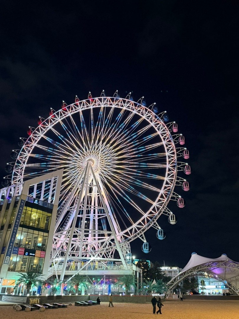 Sokcho Eye ferris wheel (속초아이 대관람차) fully illuminated at night with multicolored LED lights in red, blue, and pink across its gondolas and spokes, standing on the sandy beachfront with visitors at its base and a commercial building to its left