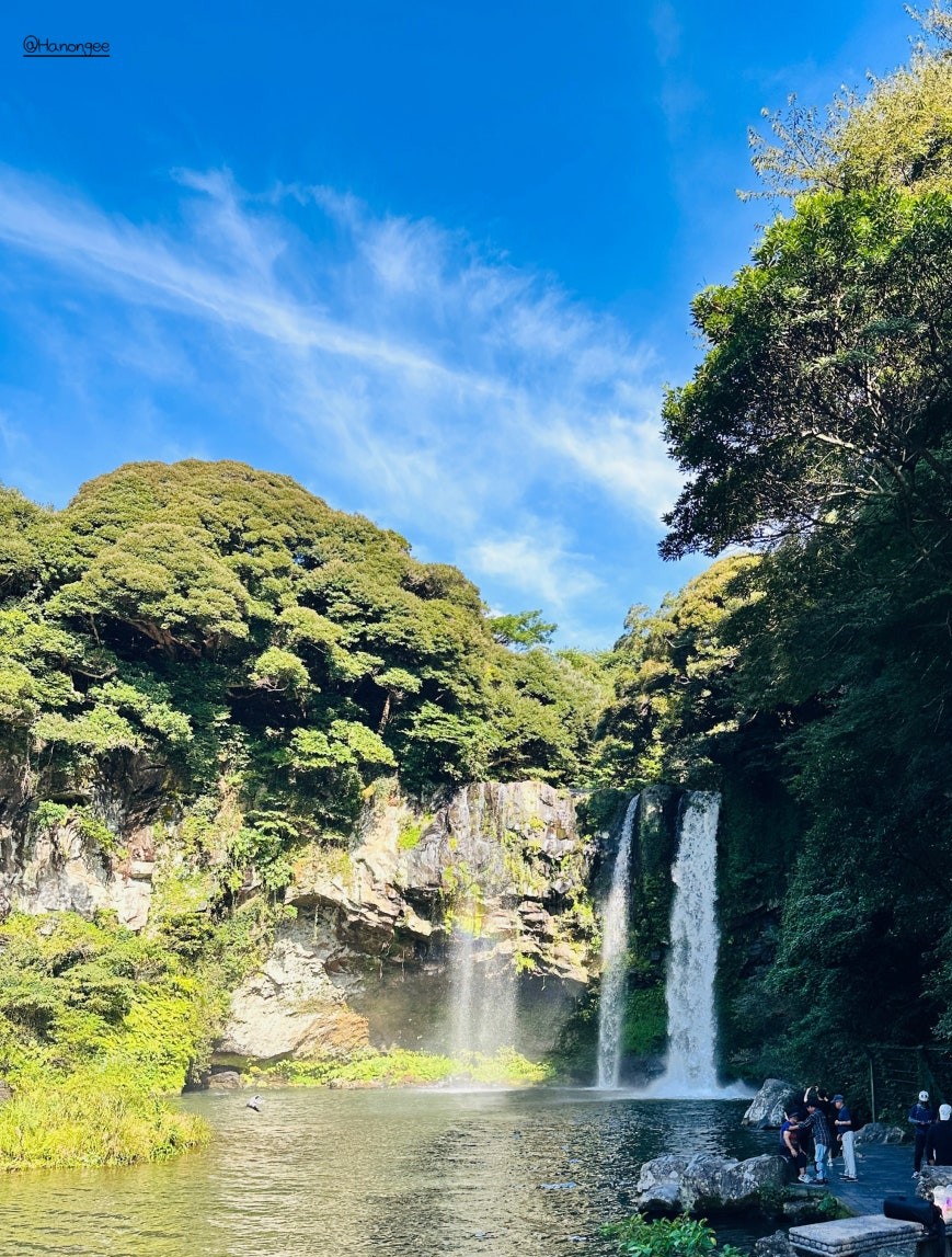 Cheonjiyeon Falls (천지연폭포) — a tall single-drop waterfall descending into a wide green pool, dense subtropical forest on all sides, bright blue sky above the tree canopy, small group of visitors near the base viewing platform