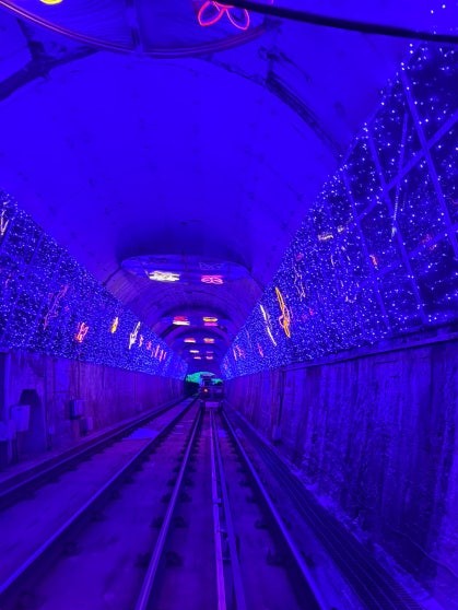 Rail bike tunnel bathed in blue and purple LED lighting with decorative string lights covering the arched ceiling and walls, tracks running straight ahead