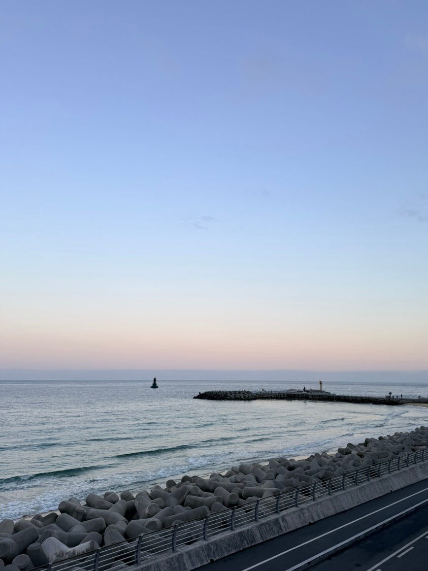 East Sea coastline at dusk from the accommodation terrace, with a foreground row of concrete tetrapod sea barriers, a curved sandy beach and breakwater pier extending into the calm sea, and a pastel pink-to-blue gradient sky on the horizon