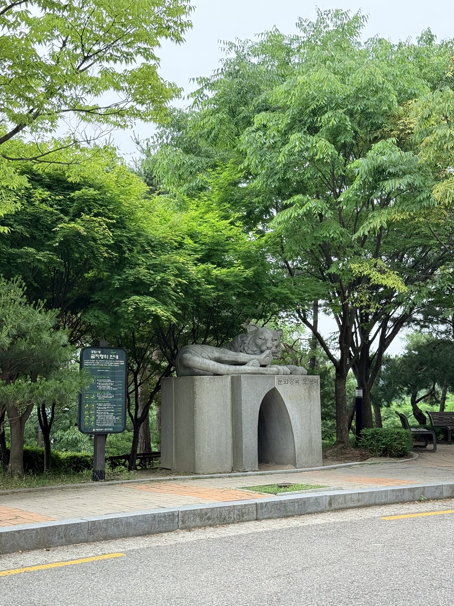 Stone tiger sculpture 눈와강국 호랑이 at the Cheongunde Park trailhead, the starting point for the Inwangsan hike in Seoul, surrounded by dense summer-green trees under an overcast sky